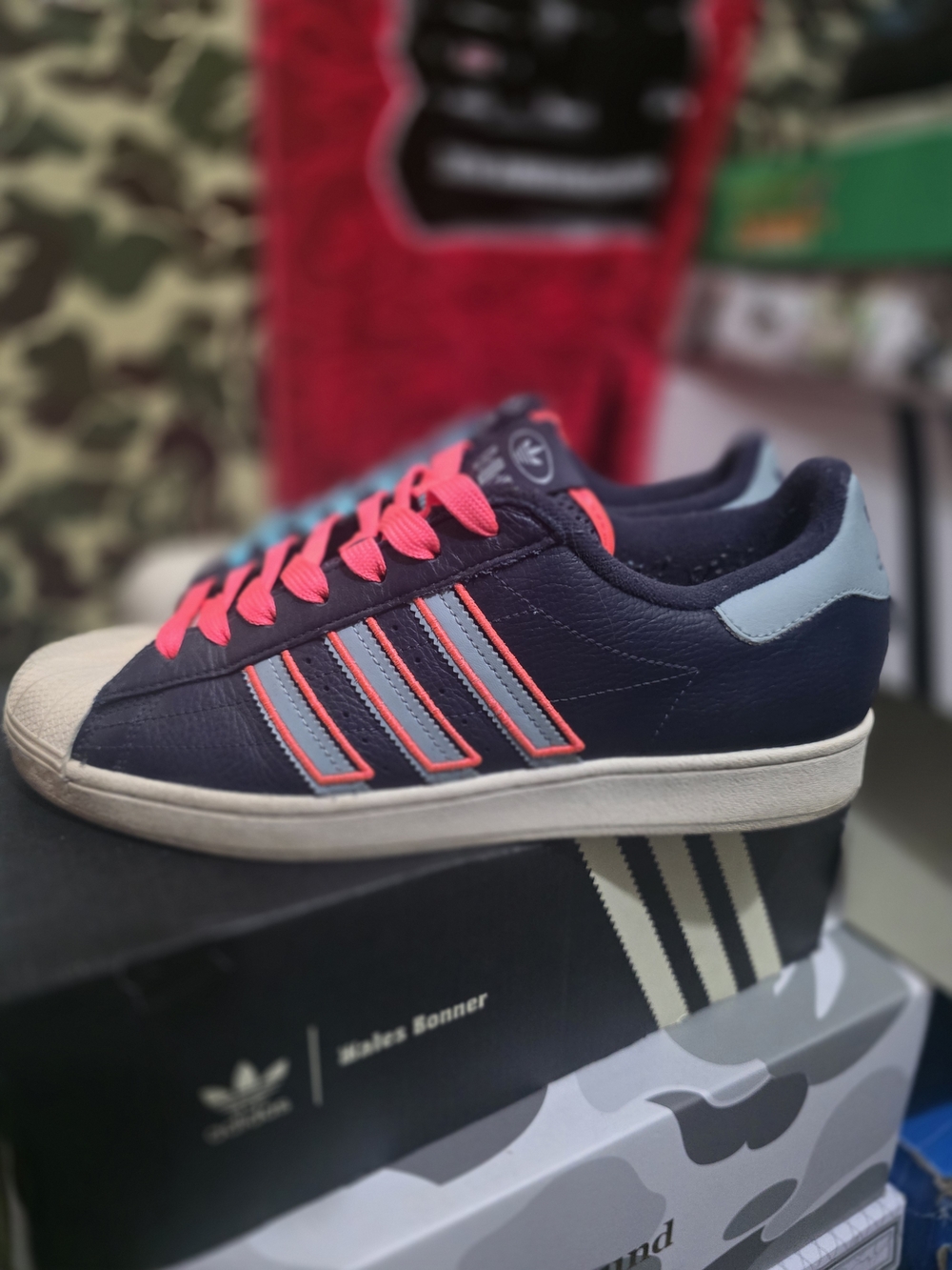 adidas Navy Sneakers with Pink Accents and Light Blue Heel